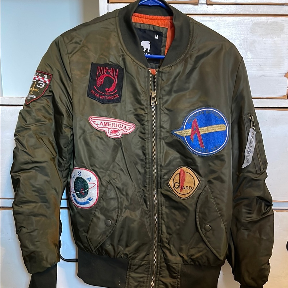Men's Olive Green Bomber Jacket with Patches